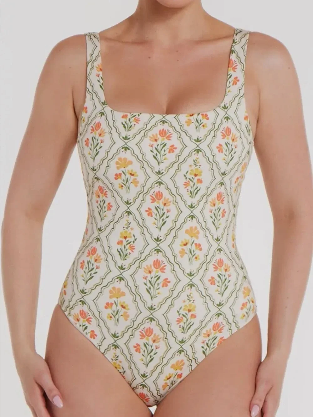 Hermoza Janece One-Piece Swimsuit with Orange and Green Floral Tile Print - Picture 2 of 12